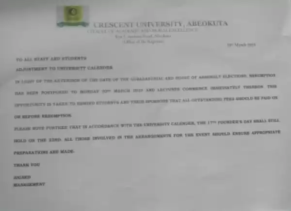 Crescent University notice on payment of outstanding fees