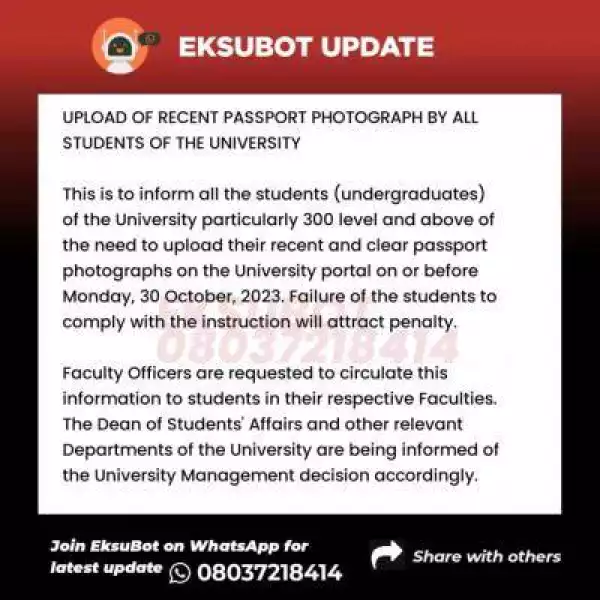 EKSU notice on uploading of recent passport photograph by students