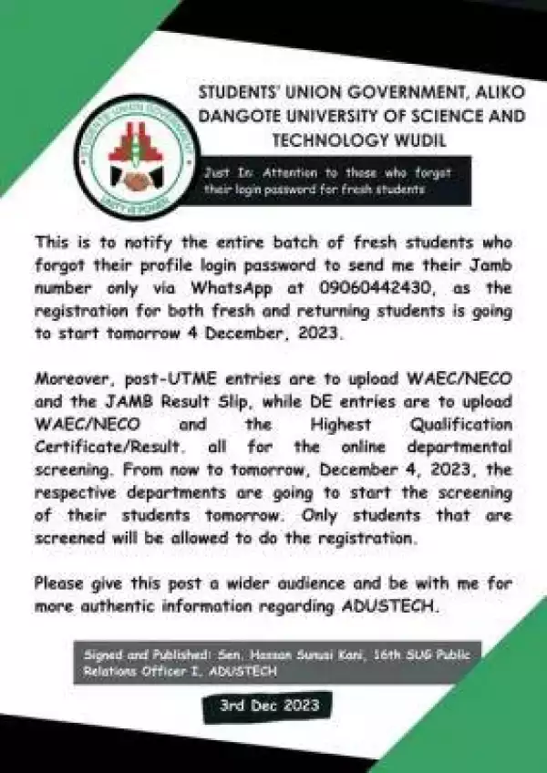 ADUSTECH SUG important notice to fresh students who forgot their profile login password
