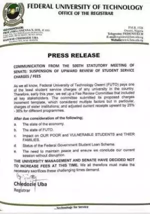 FUTO notice on suspension of upward review of students