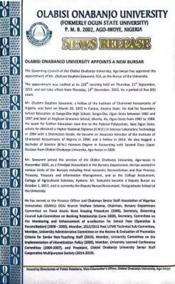 Olabisi Onabanjo University appoints a new Bursar