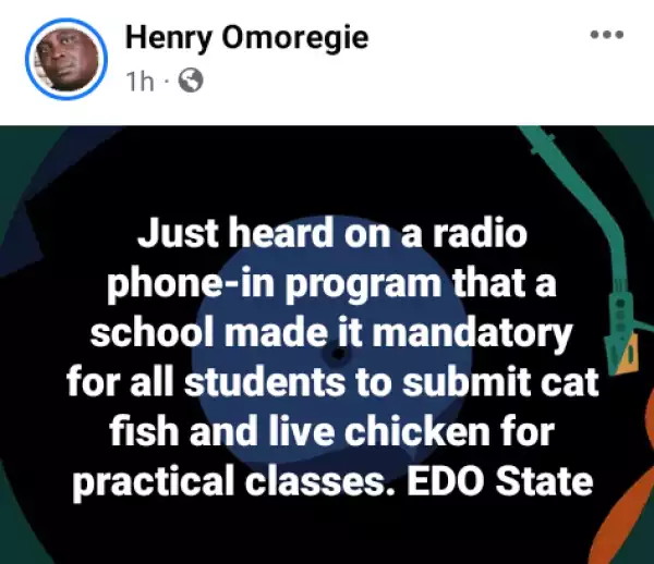 Edo secondary school allegedly ask all students to submit cat fish and live chickens for 