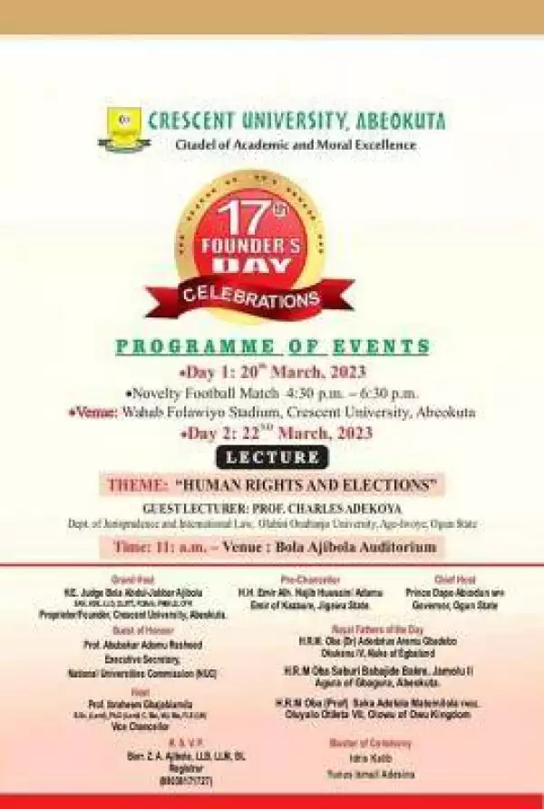 Crescent University 17th Founders day progrmmes of events