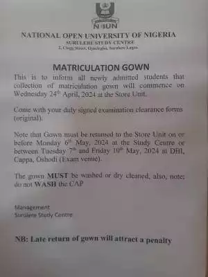 NOUN notice on collection of Matriculation Gown