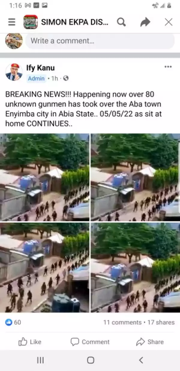 80 Unknown Gunmen Storm Aba Streets, Enforce Sit At Home (Photos, Video)