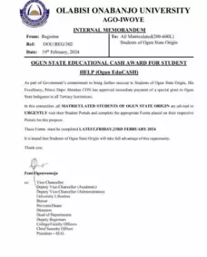OOU notice to Ogun State indigenes on special grant