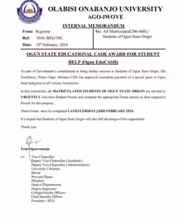 OOU notice to Ogun State indigenes on special grant