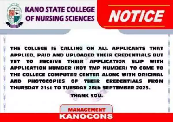 Kano State College of Nursing notice on deadline for uploading of O