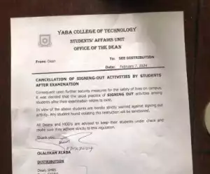 YABATECH notice on cancellation of signing out activities by students after exam