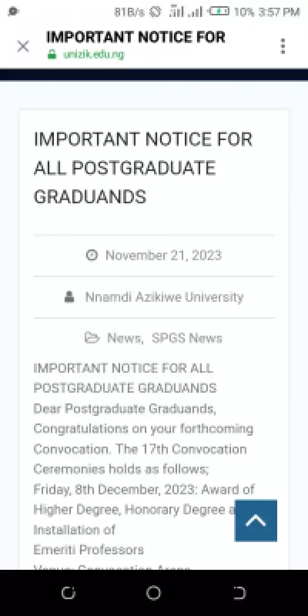 UNIZIK issues important notice to Postgraduate Graduands on 17th Convocation Ceremony