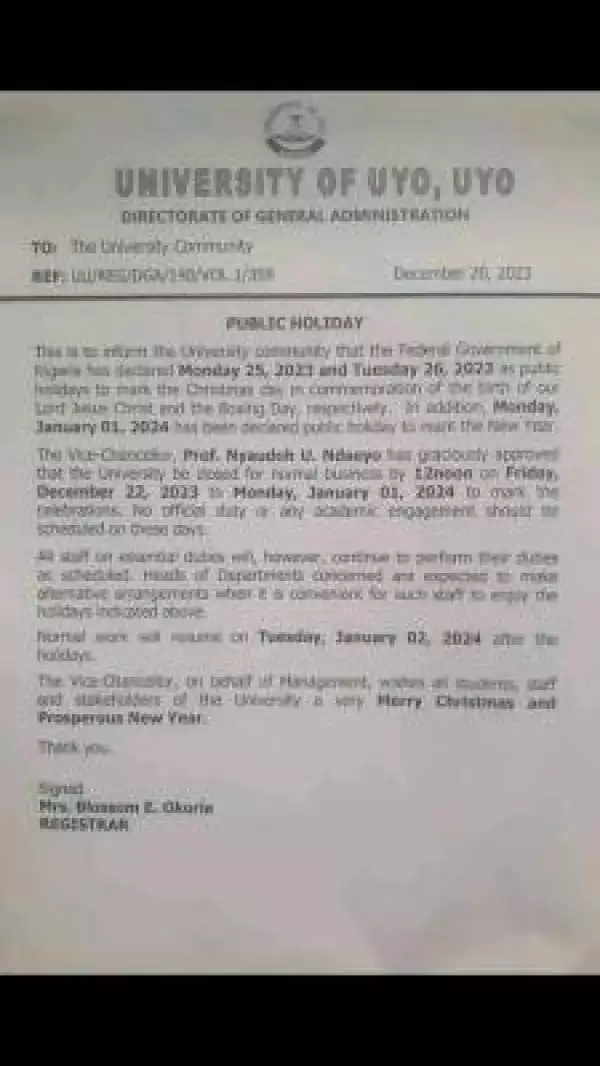 UNIUYO notice of public holidays