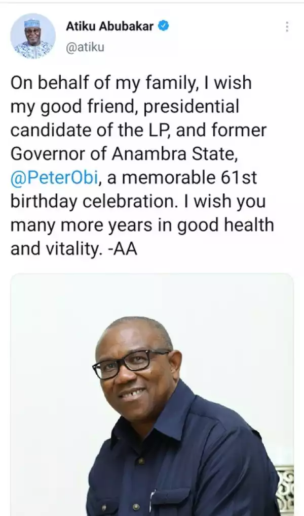 Atiku Abubakar Wishes Peter Obi A Happy 61st Birthday