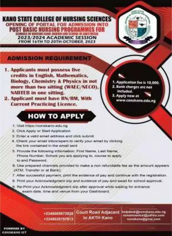 Kano State College of Nursing admission into Post Basic Nursing, 2023/2024
