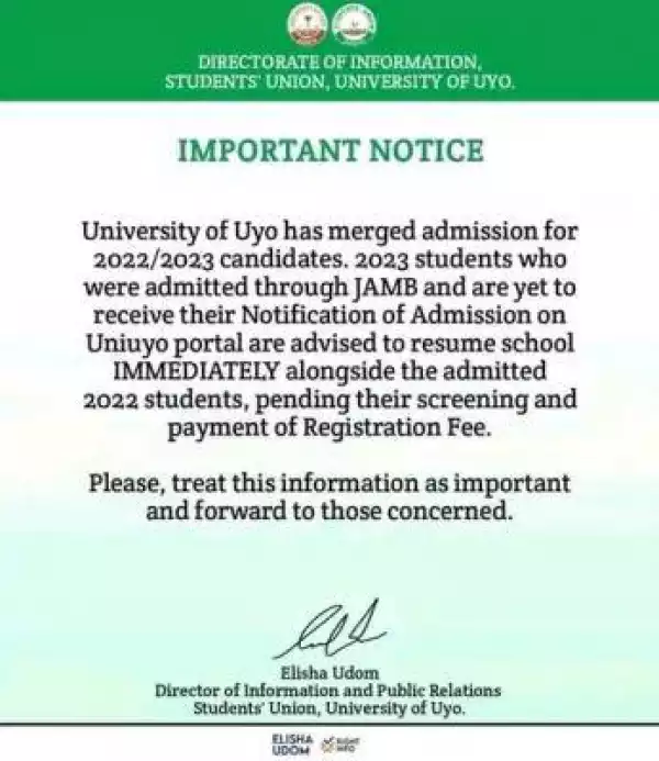 UNIUYO SUG notice 2023 admitted students yet to receive notification of admission on school
