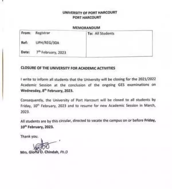 UNIPORT announces closure of academic activities for 2021/2022 session