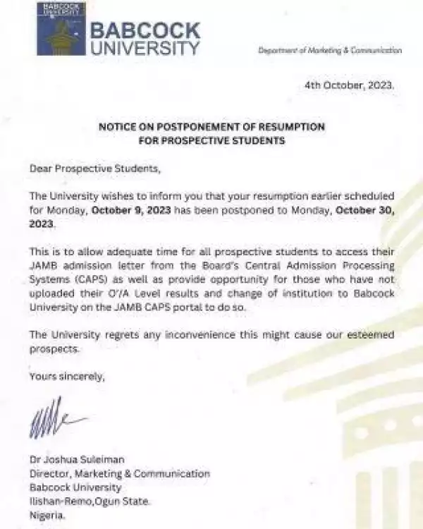 Babcock University notice on postponement of resumption
