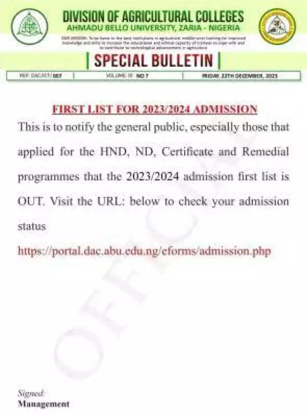 ABU Zaria Division of Agricultural College 1st batch admission lists, 2023/2024