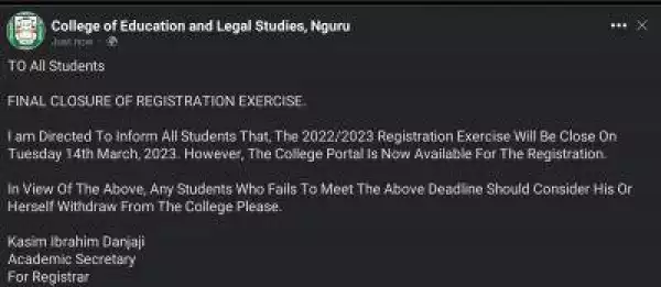 College of Education and Legal Studies, Nguru notice on final closure of registration