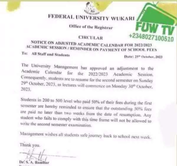 FUWUKARI notice on adjusted academic calendar & reminder on payment of school fees, 2022/2023