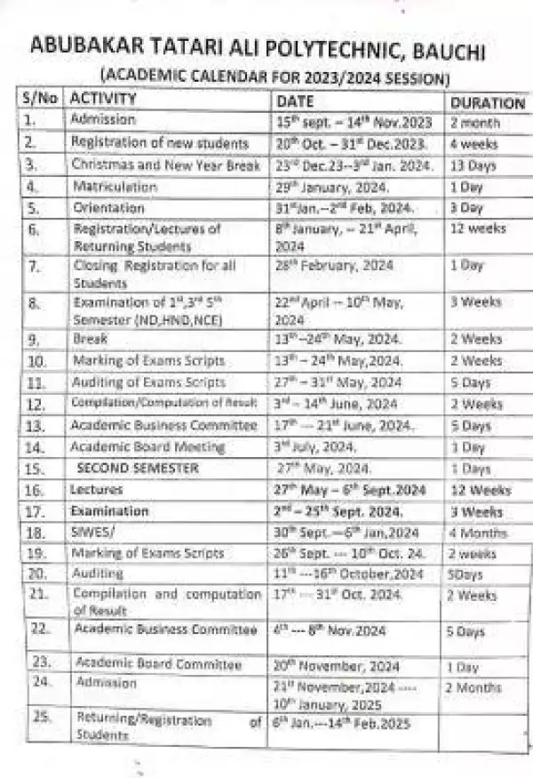 ATAPOLY releases academic calendar for 2023/2024 session