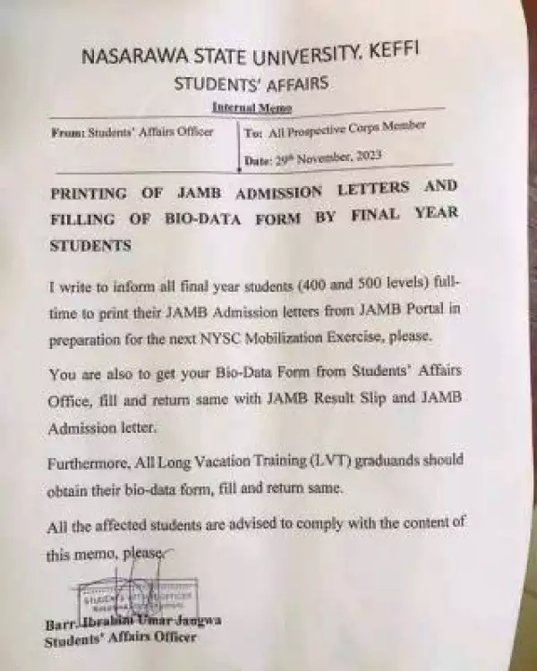 NSUK notice to final year students on printing of JAMB admission letter & filling of bio-data form