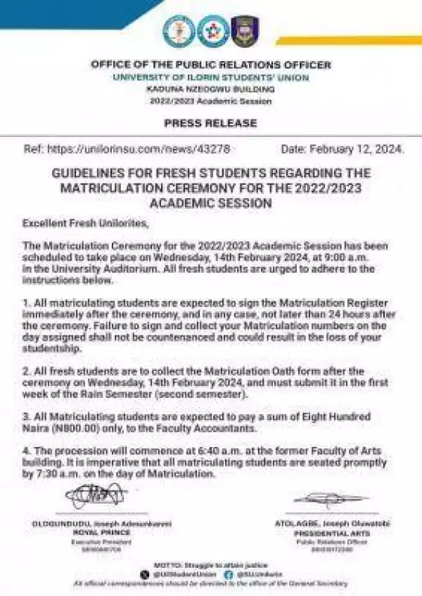 UNILORIN SUG guidelines for fresh students regarding the matriculation ceremony, 2022/2023