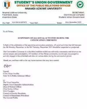 UNIZIK SUG notice on suspension of all social activities during the convocation ceremony