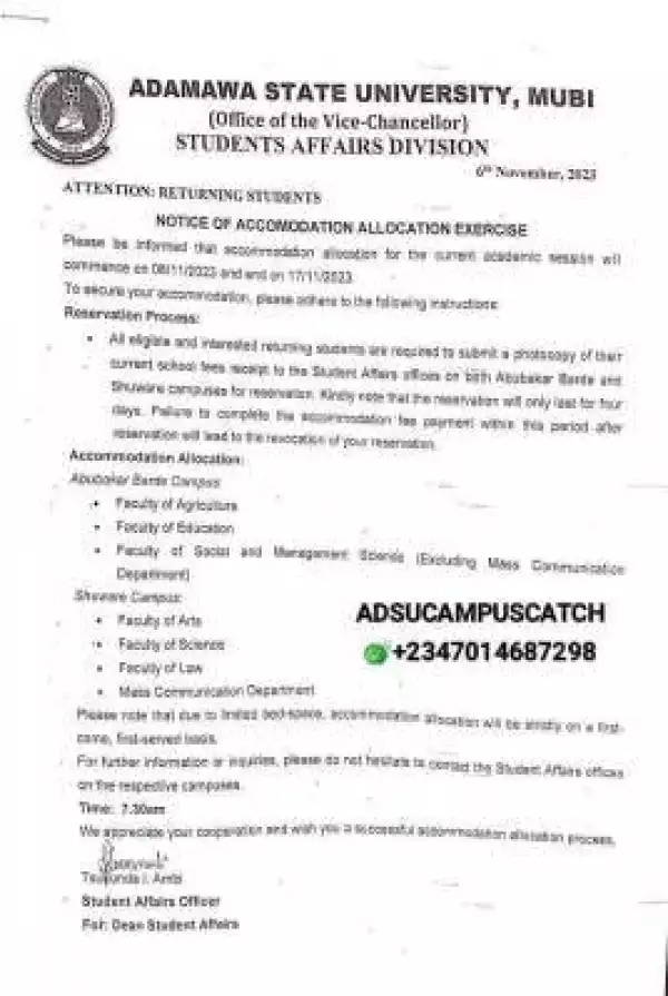 ADSU notice of accomodation allocation exercise