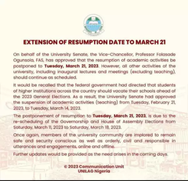 UNILAG reschedules resumption date