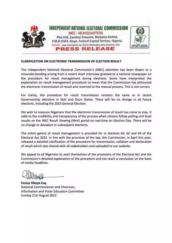 PRESS RELEASE Clarification On Electronic Transmission Of Election Result.