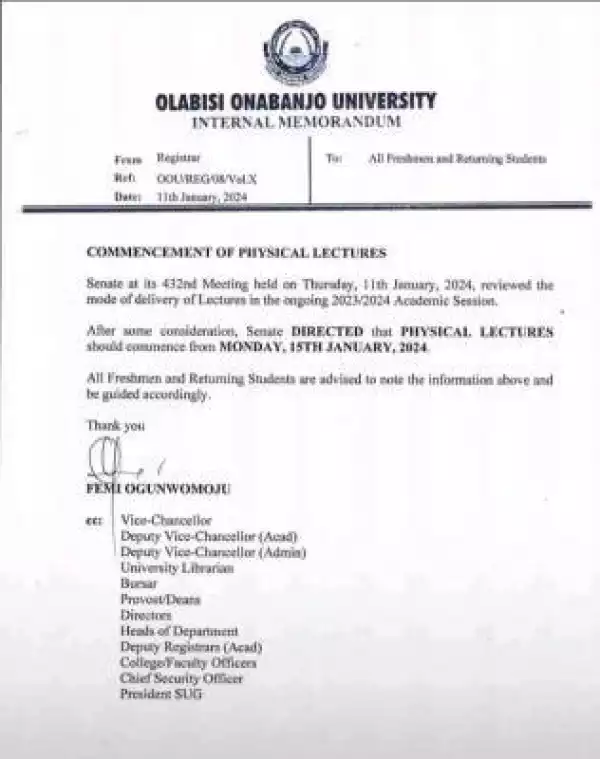 OOU notice on commencement of physical lectures