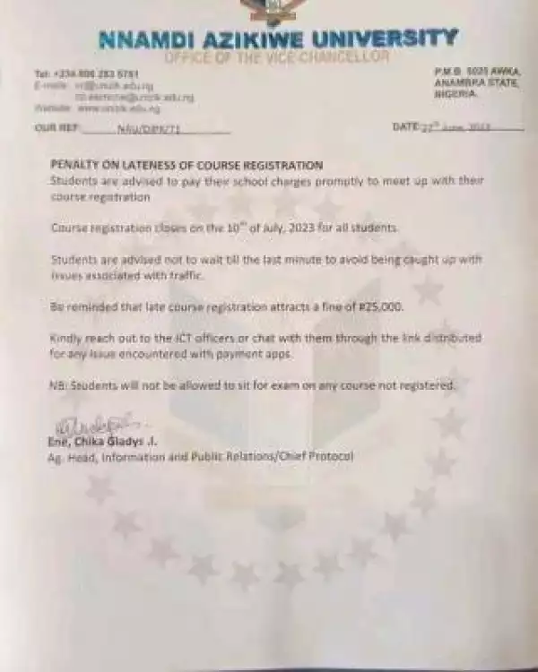 UNIZIK notice on penalty for late course registration