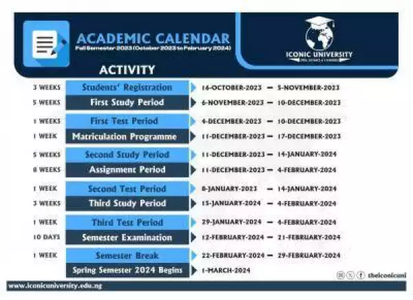 Iconic University Official Academic Calendar for Fall Semester, 2023