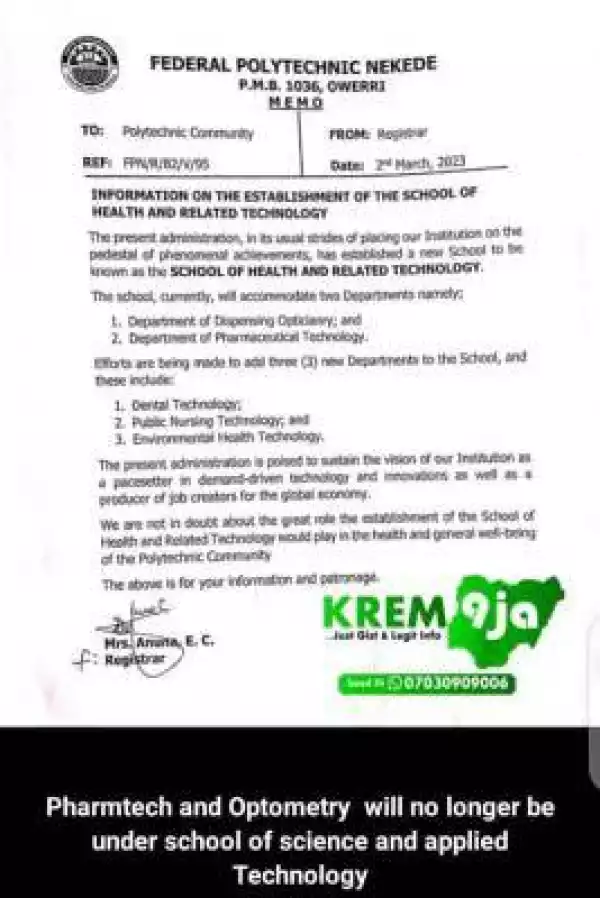 Fed Poly Nekede notice on the establishment of School of Health and Related Technology