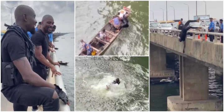 Scary Moment Nigerian Stuntman Fell From 3rd Mainland Bridge Into Lagoon As Stunt Double for Tobi Bakre