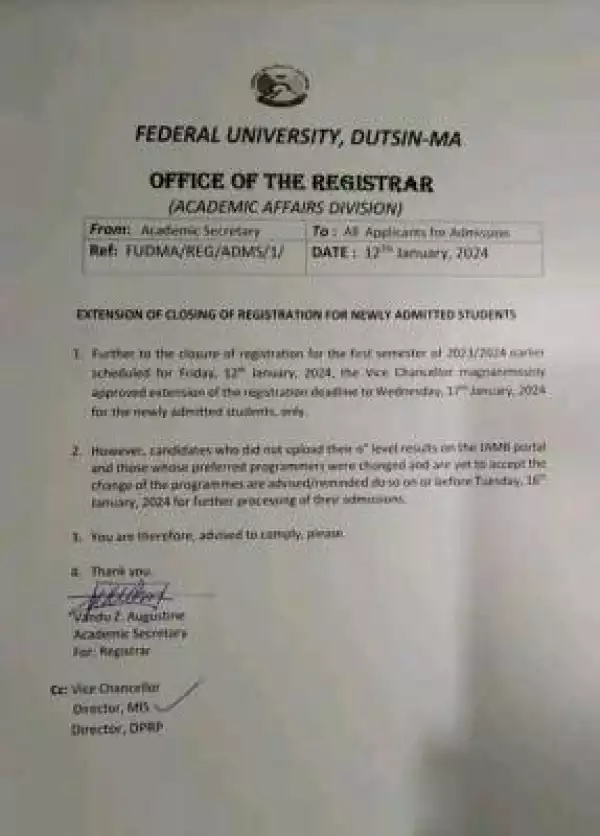 FUDutsin-ma notice on extension of new students