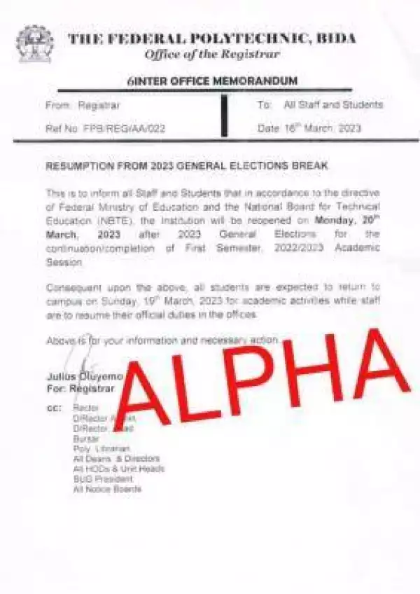 Fed Poly Bida notice of resumption from election break
