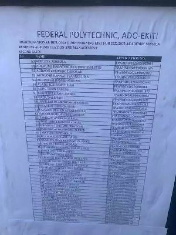 Fed Poly Ado-Ekiti 2nd batch HND Morning admission list, 2022/23