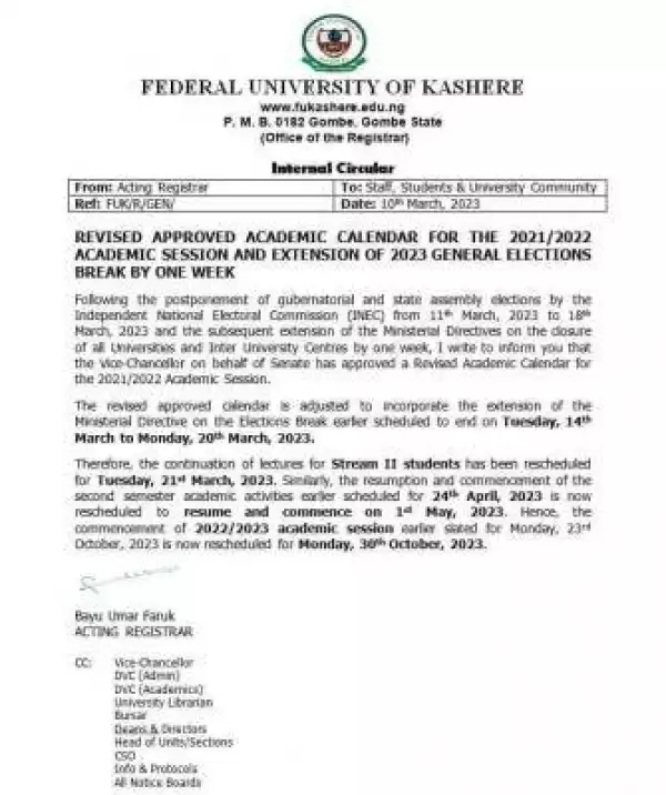 FUKASHERE extends resumption date, announces revised academic calendar, 2021/2022