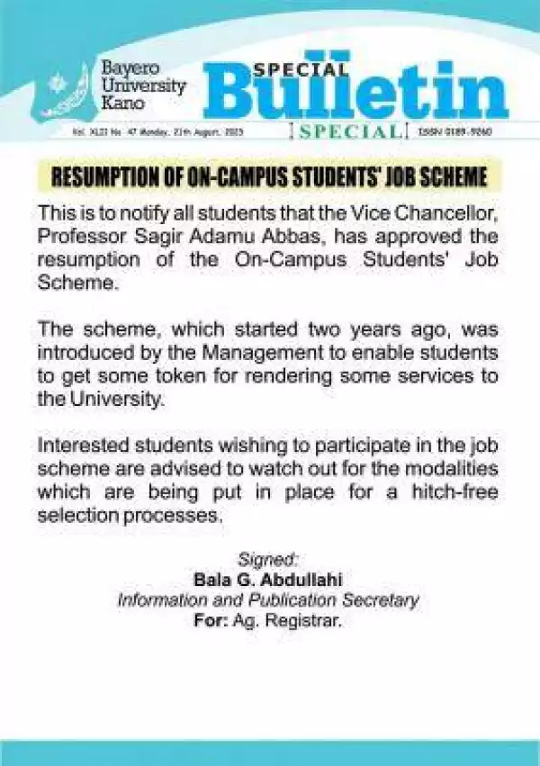 BUK notice on resumption of on-campus students