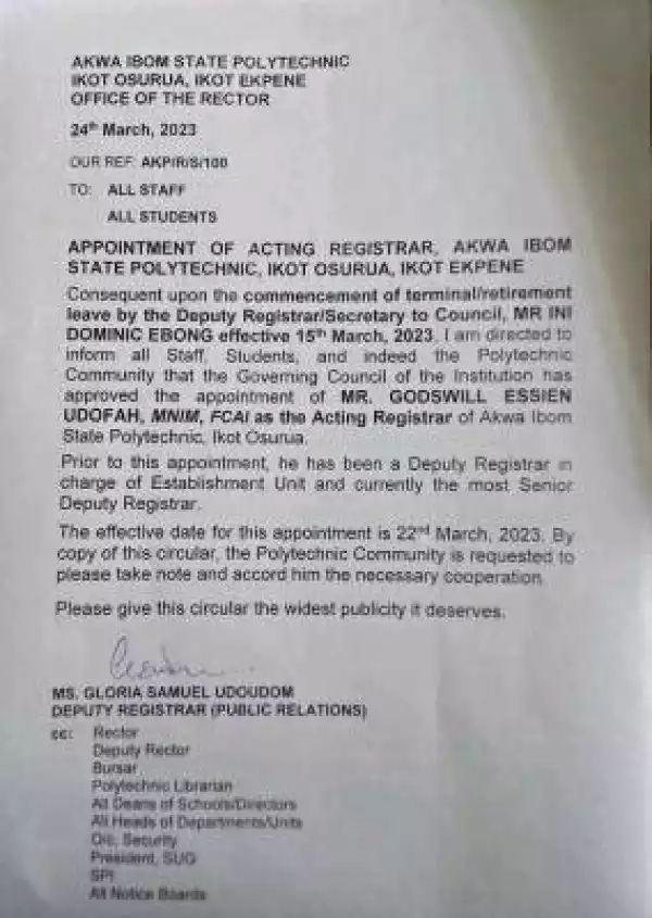 Akwa-Ibom Poly appoints Acting Registrar