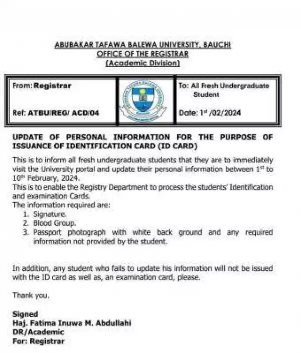 ATBU notice on update of personal information for the issuance of identification card