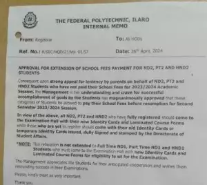 Fed Poly Ilaro approval for extension of school fees payment for ND2, PT2 & HND2, 2023/2024