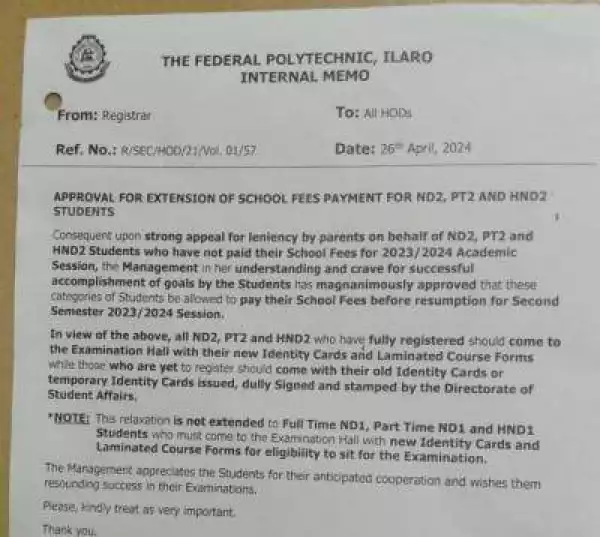 Fed Poly Ilaro approval for extension of school fees payment for ND2, PT2 & HND2, 2023/2024
