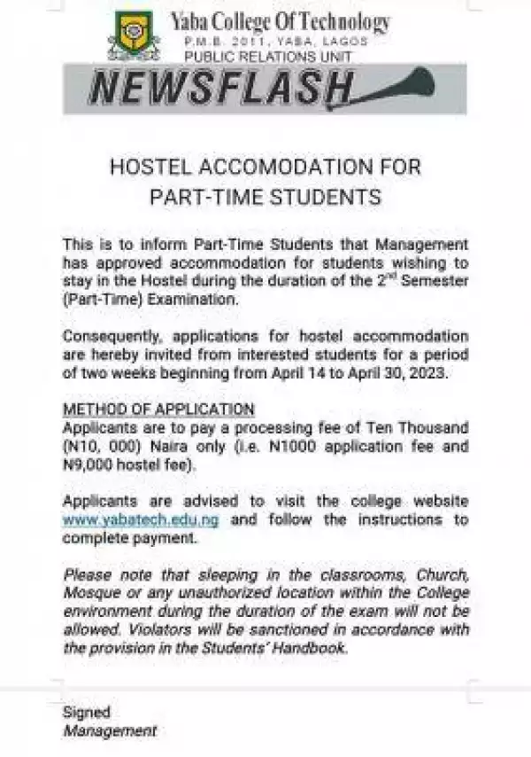 YABATECH hostel accommodation for part-time students