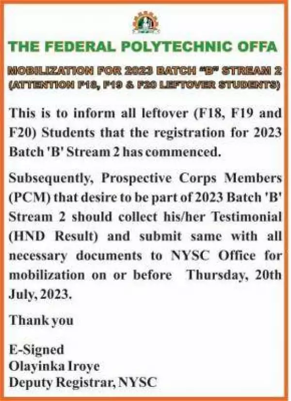 Fed Poly, Offa mobilization for 2023 Batch "B" Stream 2