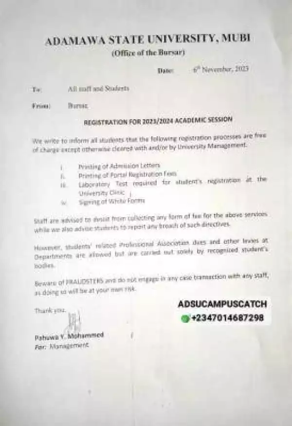 ADSU notice on registration for 2023/2024 session