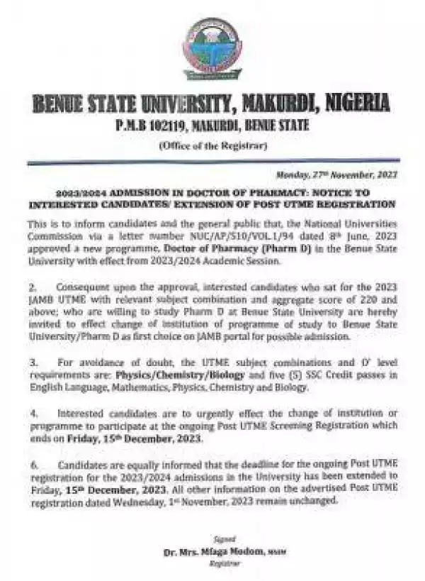 BSU announces admission into Doctor of Pharmacy, extends Post-UTME registration, 2023/2024