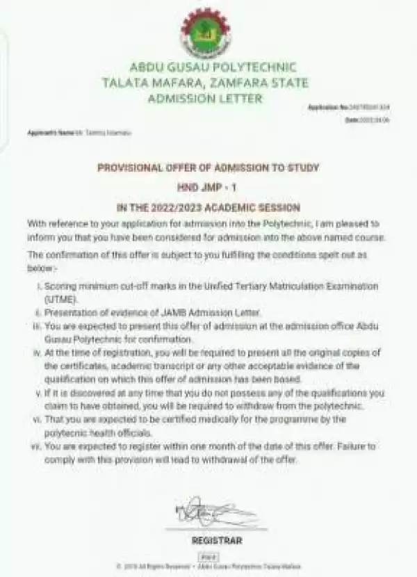 Abdul Gusau Polytechnic 2022/2023 HND admission list