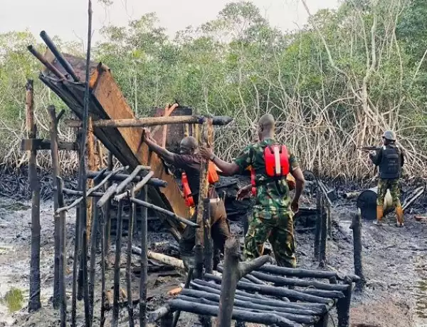 Navy Destroys Illegal Refineries, Boat Loaded With Stolen Crude Oil In Bayelsa